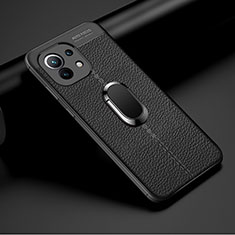 Silikon Hülle Handyhülle Gummi Schutzhülle Flexible Leder Tasche mit Magnetisch Fingerring Ständer T01 für Xiaomi Mi 11 5G Schwarz