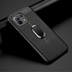 Silikon Hülle Handyhülle Gummi Schutzhülle Flexible Leder Tasche mit Magnetisch Fingerring Ständer T01 für Xiaomi Mi 11 Lite 4G Schwarz