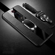 Silikon Hülle Handyhülle Gummi Schutzhülle Flexible Leder Tasche mit Magnetisch Fingerring Ständer T01 für Xiaomi Mi 9T Pro Schwarz