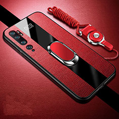 Silikon Hülle Handyhülle Gummi Schutzhülle Flexible Leder Tasche mit Magnetisch Fingerring Ständer T01 für Xiaomi Mi Note 10 Pro Rot