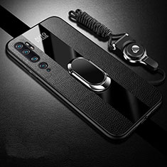 Silikon Hülle Handyhülle Gummi Schutzhülle Flexible Leder Tasche mit Magnetisch Fingerring Ständer T01 für Xiaomi Mi Note 10 Pro Schwarz