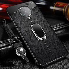Silikon Hülle Handyhülle Gummi Schutzhülle Flexible Leder Tasche mit Magnetisch Fingerring Ständer T01 für Xiaomi Redmi K30 Pro 5G Schwarz