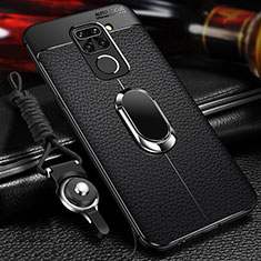 Silikon Hülle Handyhülle Gummi Schutzhülle Flexible Leder Tasche mit Magnetisch Fingerring Ständer T01 für Xiaomi Redmi Note 9 Schwarz