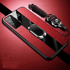 Silikon Hülle Handyhülle Gummi Schutzhülle Flexible Leder Tasche mit Magnetisch Fingerring Ständer T02 für Huawei Honor X10 5G Rot