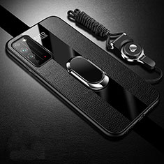 Silikon Hülle Handyhülle Gummi Schutzhülle Flexible Leder Tasche mit Magnetisch Fingerring Ständer T02 für Huawei Honor X10 5G Schwarz