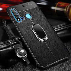 Silikon Hülle Handyhülle Gummi Schutzhülle Flexible Leder Tasche mit Magnetisch Fingerring Ständer T02 für Huawei Nova 5i Schwarz