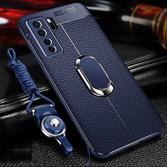 Silikon Hülle Handyhülle Gummi Schutzhülle Flexible Leder Tasche mit Magnetisch Fingerring Ständer T02 für Huawei Nova 7 SE 5G Blau
