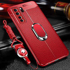 Silikon Hülle Handyhülle Gummi Schutzhülle Flexible Leder Tasche mit Magnetisch Fingerring Ständer T02 für Huawei P40 Lite 5G Rot