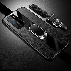 Silikon Hülle Handyhülle Gummi Schutzhülle Flexible Leder Tasche mit Magnetisch Fingerring Ständer T02 für Huawei P40 Pro Schwarz