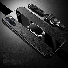 Silikon Hülle Handyhülle Gummi Schutzhülle Flexible Leder Tasche mit Magnetisch Fingerring Ständer T02 für Samsung Galaxy Note 10 Plus 5G Schwarz