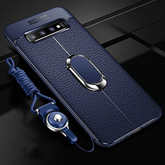 Silikon Hülle Handyhülle Gummi Schutzhülle Flexible Leder Tasche mit Magnetisch Fingerring Ständer T02 für Samsung Galaxy S10 5G Blau