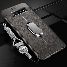 Silikon Hülle Handyhülle Gummi Schutzhülle Flexible Leder Tasche mit Magnetisch Fingerring Ständer T02 für Samsung Galaxy S10 Grau