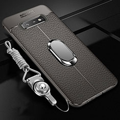 Silikon Hülle Handyhülle Gummi Schutzhülle Flexible Leder Tasche mit Magnetisch Fingerring Ständer T02 für Samsung Galaxy S10 Plus Grau