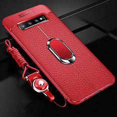 Silikon Hülle Handyhülle Gummi Schutzhülle Flexible Leder Tasche mit Magnetisch Fingerring Ständer T02 für Samsung Galaxy S10 Rot