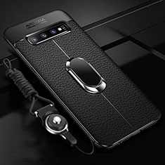 Silikon Hülle Handyhülle Gummi Schutzhülle Flexible Leder Tasche mit Magnetisch Fingerring Ständer T02 für Samsung Galaxy S10 Schwarz