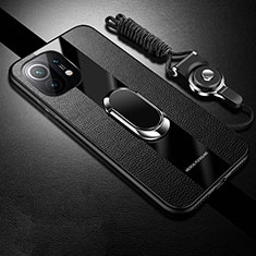 Silikon Hülle Handyhülle Gummi Schutzhülle Flexible Leder Tasche mit Magnetisch Fingerring Ständer T02 für Xiaomi Mi 11 Lite 4G Schwarz