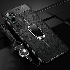 Silikon Hülle Handyhülle Gummi Schutzhülle Flexible Leder Tasche mit Magnetisch Fingerring Ständer T02 für Xiaomi Mi Note 10 Pro Schwarz