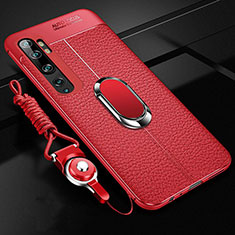 Silikon Hülle Handyhülle Gummi Schutzhülle Flexible Leder Tasche mit Magnetisch Fingerring Ständer T02 für Xiaomi Mi Note 10 Rot