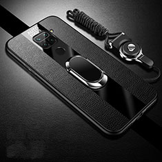 Silikon Hülle Handyhülle Gummi Schutzhülle Flexible Leder Tasche mit Magnetisch Fingerring Ständer T02 für Xiaomi Redmi 10X 4G Schwarz