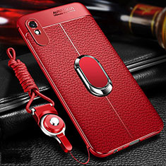 Silikon Hülle Handyhülle Gummi Schutzhülle Flexible Leder Tasche mit Magnetisch Fingerring Ständer T02 für Xiaomi Redmi 9A Rot