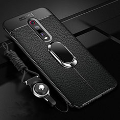 Silikon Hülle Handyhülle Gummi Schutzhülle Flexible Leder Tasche mit Magnetisch Fingerring Ständer T02 für Xiaomi Redmi K20 Pro Schwarz