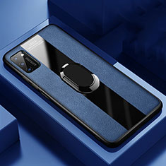 Silikon Hülle Handyhülle Gummi Schutzhülle Flexible Leder Tasche mit Magnetisch Fingerring Ständer T03 für Huawei Honor V30 5G Blau