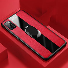 Silikon Hülle Handyhülle Gummi Schutzhülle Flexible Leder Tasche mit Magnetisch Fingerring Ständer T03 für Huawei Honor V30 5G Rot