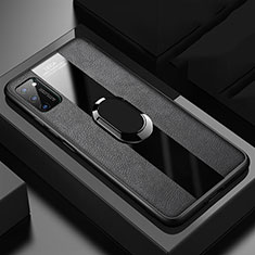 Silikon Hülle Handyhülle Gummi Schutzhülle Flexible Leder Tasche mit Magnetisch Fingerring Ständer T03 für Huawei Honor V30 5G Schwarz