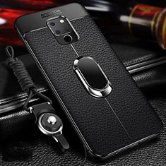 Silikon Hülle Handyhülle Gummi Schutzhülle Flexible Leder Tasche mit Magnetisch Fingerring Ständer T03 für Huawei Mate 20 X 5G Schwarz