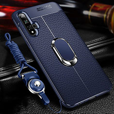 Silikon Hülle Handyhülle Gummi Schutzhülle Flexible Leder Tasche mit Magnetisch Fingerring Ständer T03 für Huawei Nova 5 Pro Blau
