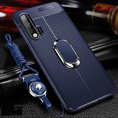 Silikon Hülle Handyhülle Gummi Schutzhülle Flexible Leder Tasche mit Magnetisch Fingerring Ständer T03 für Huawei Nova 6 Blau