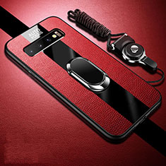 Silikon Hülle Handyhülle Gummi Schutzhülle Flexible Leder Tasche mit Magnetisch Fingerring Ständer T03 für Samsung Galaxy S10 Plus Rot