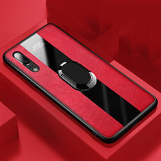 Silikon Hülle Handyhülle Gummi Schutzhülle Flexible Leder Tasche mit Magnetisch Fingerring Ständer T04 für Huawei P20 Rot