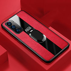 Silikon Hülle Handyhülle Gummi Schutzhülle Flexible Leder Tasche mit Magnetisch Fingerring Ständer T05 für Oppo Reno4 5G Rot