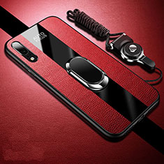 Silikon Hülle Handyhülle Gummi Schutzhülle Flexible Leder Tasche mit Magnetisch Fingerring Ständer T06 für Huawei P20 Rot