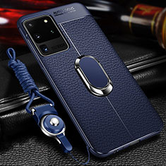 Silikon Hülle Handyhülle Gummi Schutzhülle Flexible Leder Tasche mit Magnetisch Fingerring Ständer WL1 für Samsung Galaxy S20 Ultra 5G Blau