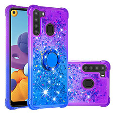 Silikon Hülle Handyhülle Gummi Schutzhülle Flexible Tasche Bling-Bling mit Fingerring Ständer S02 für Samsung Galaxy A21 Violett