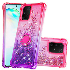 Silikon Hülle Handyhülle Gummi Schutzhülle Flexible Tasche Bling-Bling mit Fingerring Ständer S02 für Samsung Galaxy A91 Pink