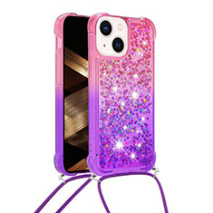 Silikon Hülle Handyhülle Gummi Schutzhülle Flexible Tasche Bling-Bling mit Schlüsselband Lanyard S01 für Apple iPhone 14 Pink
