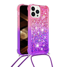 Silikon Hülle Handyhülle Gummi Schutzhülle Flexible Tasche Bling-Bling mit Schlüsselband Lanyard S01 für Apple iPhone 14 Pro Pink