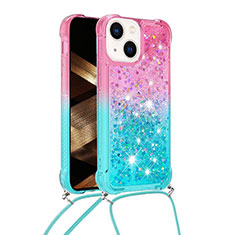 Silikon Hülle Handyhülle Gummi Schutzhülle Flexible Tasche Bling-Bling mit Schlüsselband Lanyard S01 für Apple iPhone 15 Plus Rosa