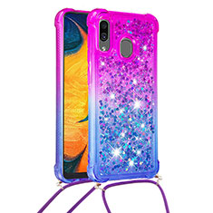 Silikon Hülle Handyhülle Gummi Schutzhülle Flexible Tasche Bling-Bling mit Schlüsselband Lanyard S01 für Samsung Galaxy A20 Violett