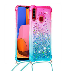 Silikon Hülle Handyhülle Gummi Schutzhülle Flexible Tasche Bling-Bling mit Schlüsselband Lanyard S01 für Samsung Galaxy A20s Rosa