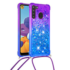 Silikon Hülle Handyhülle Gummi Schutzhülle Flexible Tasche Bling-Bling mit Schlüsselband Lanyard S01 für Samsung Galaxy A21 Violett
