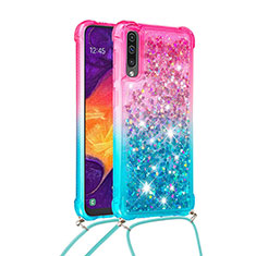 Silikon Hülle Handyhülle Gummi Schutzhülle Flexible Tasche Bling-Bling mit Schlüsselband Lanyard S01 für Samsung Galaxy A30S Rosa