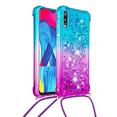 Silikon Hülle Handyhülle Gummi Schutzhülle Flexible Tasche Bling-Bling mit Schlüsselband Lanyard S01 für Samsung Galaxy M10 Hellblau
