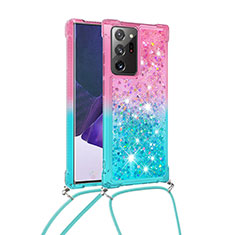 Silikon Hülle Handyhülle Gummi Schutzhülle Flexible Tasche Bling-Bling mit Schlüsselband Lanyard S01 für Samsung Galaxy Note 20 Ultra 5G Rosa