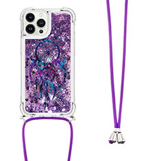 Silikon Hülle Handyhülle Gummi Schutzhülle Flexible Tasche Bling-Bling mit Schlüsselband Lanyard S02 für Apple iPhone 13 Pro Max Violett
