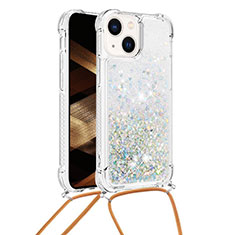 Silikon Hülle Handyhülle Gummi Schutzhülle Flexible Tasche Bling-Bling mit Schlüsselband Lanyard S02 für Apple iPhone 13 Silber