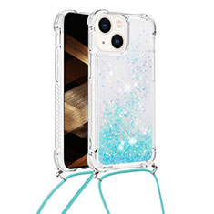 Silikon Hülle Handyhülle Gummi Schutzhülle Flexible Tasche Bling-Bling mit Schlüsselband Lanyard S02 für Apple iPhone 14 Hellblau